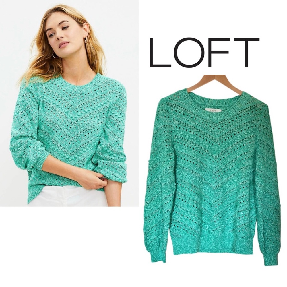 LOFT 100% Cotton Crewneck Sweater Green Bobble Pointelle | M